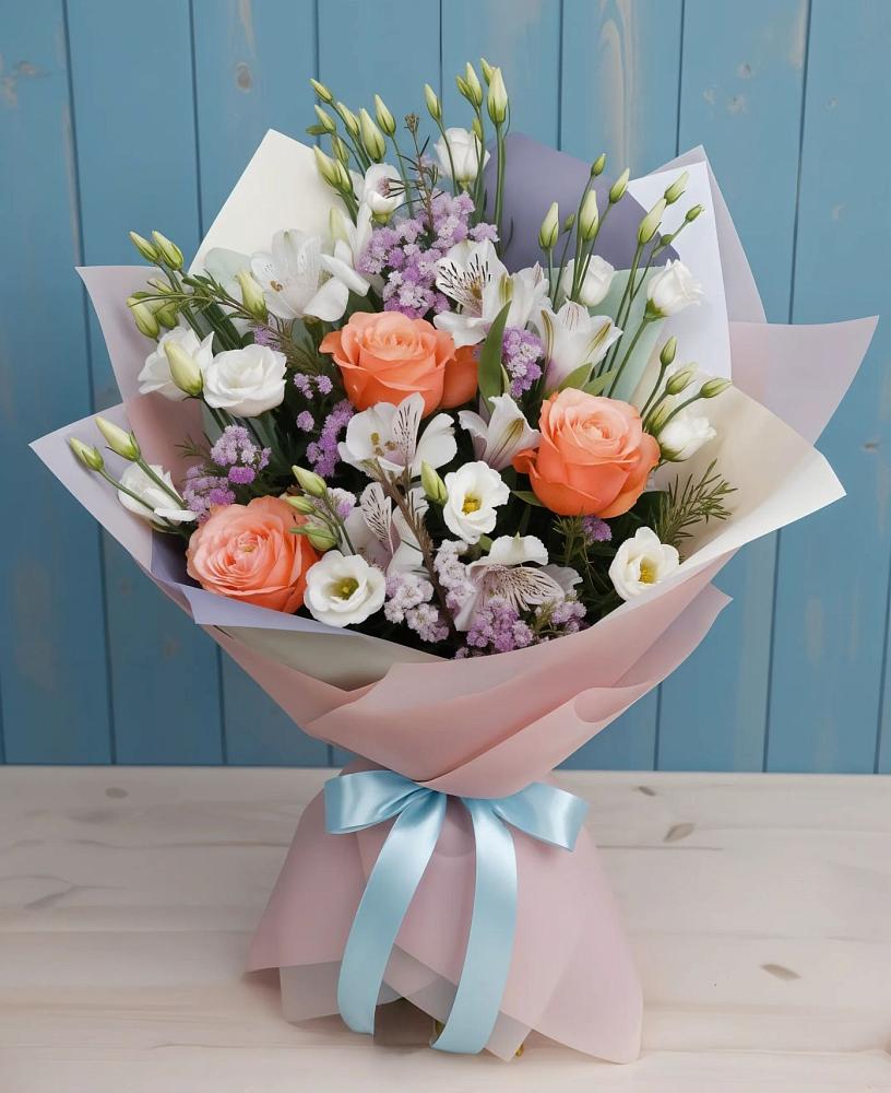 Букет цветов из: Лизиантусы, Розы, Альстромерии и Гипсофила в Центральный Тульская область