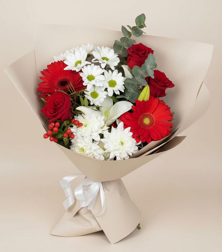 Букет цветов из: Розы, Хризантемы, Герберы и Лилии в Центральный Тульская область